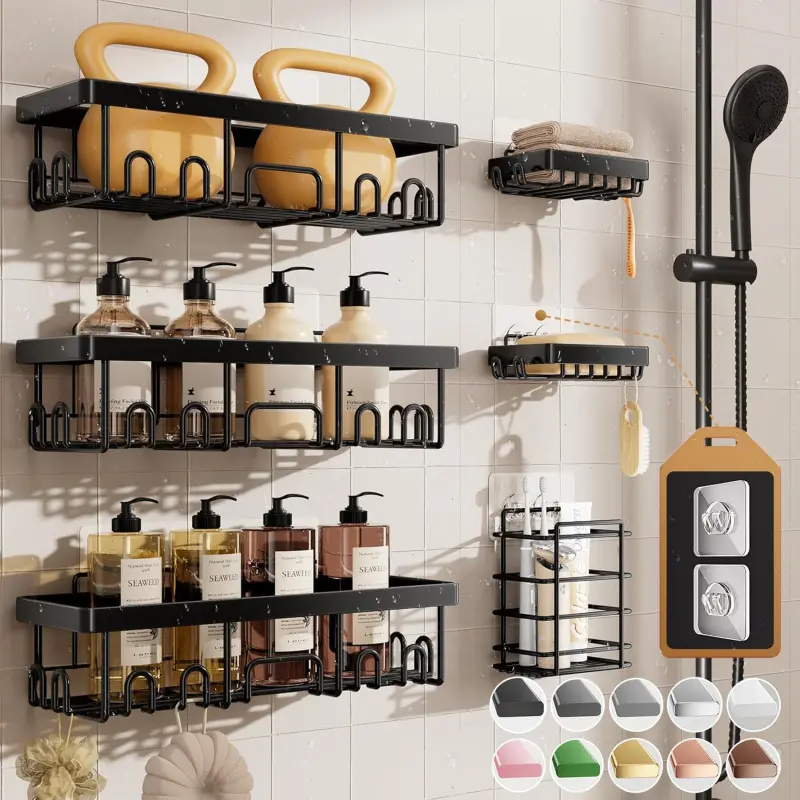 6 Pack Stainless Steel Shower Caddy Set Rustproof Waterproof No Drill Adhesive Wall Mount Bathroom Organizer Large Capacity Shower Shelves With Soap Holder Heavy Duty Shower Storage Accessory Ideal Housewarming Gift For Bathroom Home Use