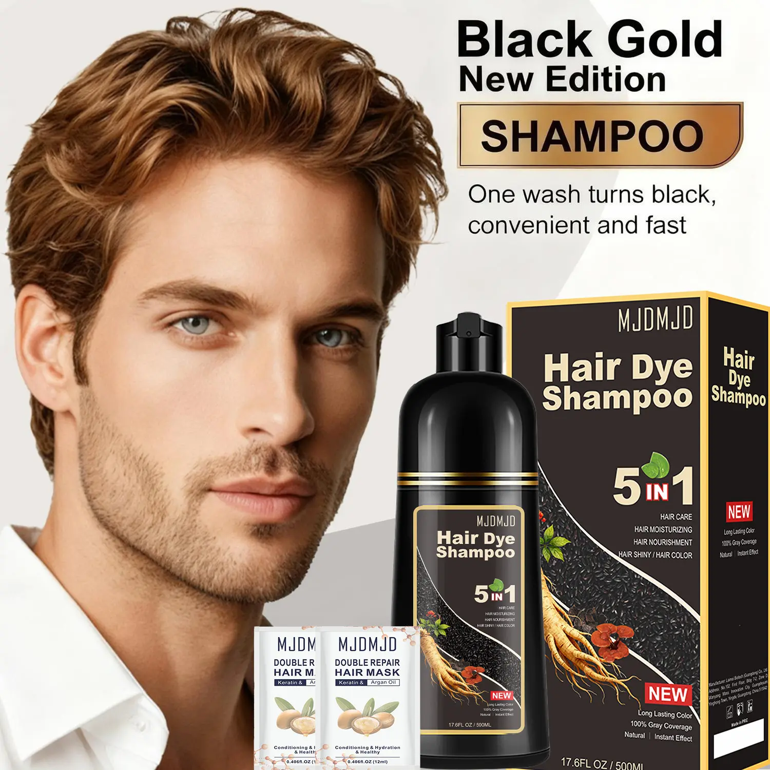 Black Hair & Beard Dye Shampoo Set – 5-in-1 Ginseng & Argan Oil Hair Color Shampoo with 2 Hair Masks, Semi-Permanent Gray Coverage for Men & Women, Safe for Hair & Beard, Colors in 10 Minutes, Ammonia-Free, 500ml