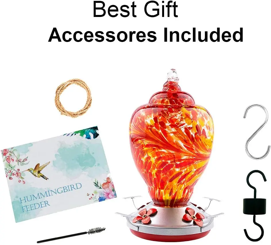ennvaofficial 32-oz (1000ml) Colorful Hand-Blown Glass Hummingbird Feeder, Outdoor Garden Decor Bird Feeding Tool with Anti-Ant Guard, Ergonomic Hanging Hook, Rope, Brush, Service Card, Floral Ports, Easy Assembly, Attracts Hummingbirds (Red)