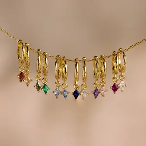 Birthstone Drop Huggies by Caitlyn Minimalist - Dainty Kite Gemstone Dangle Earrings - 18K Gold Plated Everyday Hoop Earrings - Personalized Jewelry - Best Friend Gift