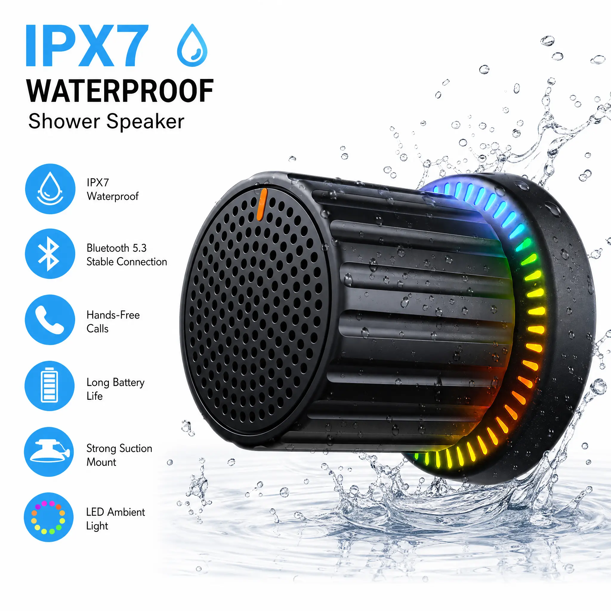 Bluetooth Shower Speaker Waterproof, IPX7 Portable Wireless Speaker with Strong Suction Cup, RGB Lights, HD Microphone, Hands-Free Calls for Bathroom, Pool, Beach & Travel