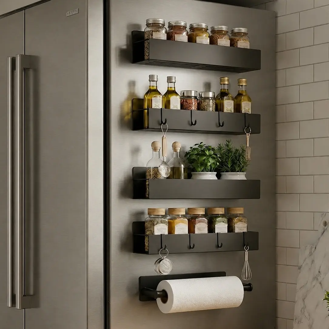 No-Drill Magnetic Shelves 5pc | Strong Metal Storage Organizer for Kitchen & Fridge Side | Magnetic Spice Rack Set Black | Space Saver for Tiny Home, Dorm, RV & Pantry | Waterproof Heavy Duty Wire Rack for Spices, Jars, Olive Oil & Cleaning Supplies