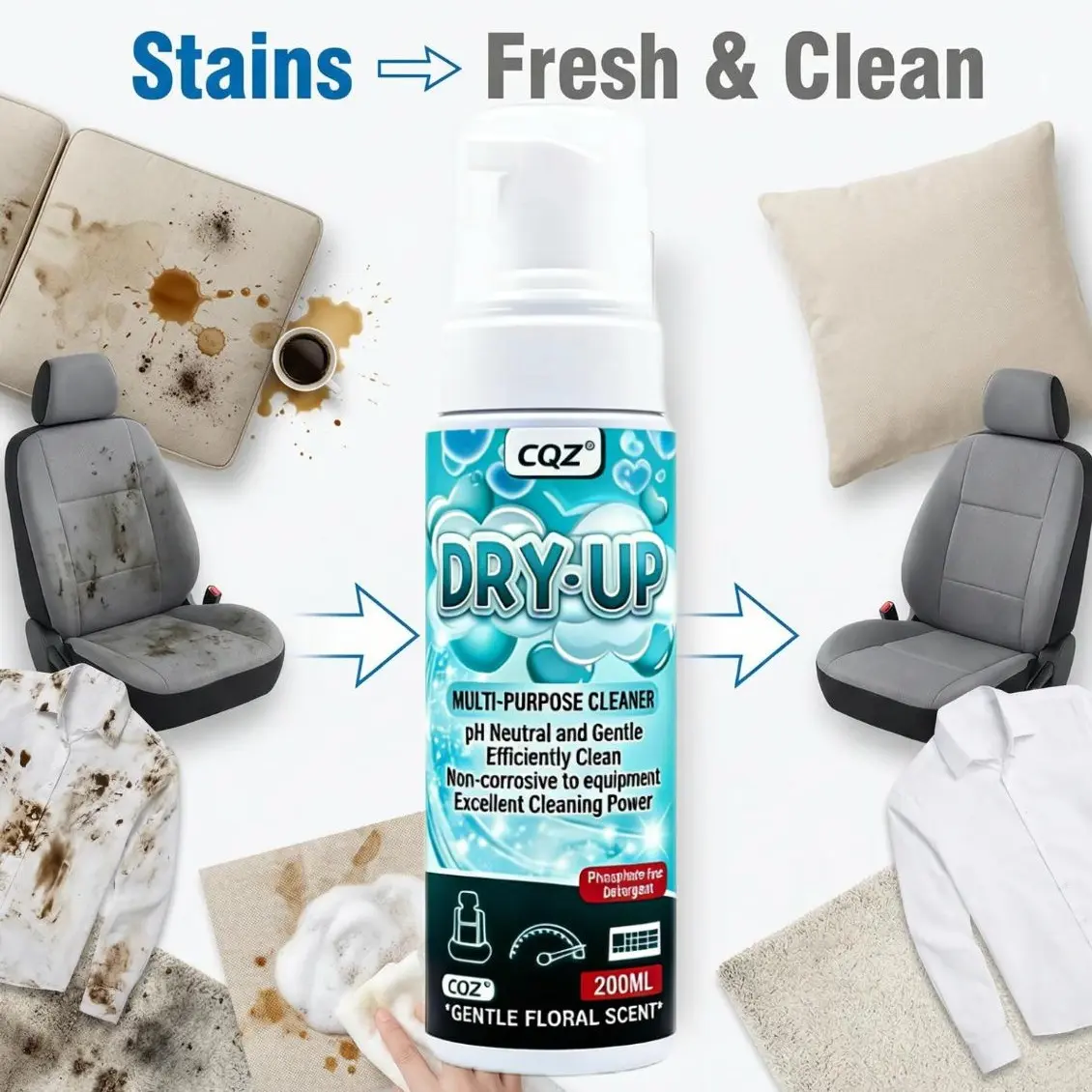 CQZ Foam Fabric All-Purpose Cleaner Spray (200ML) - Gentle Floral Scent Leather Upholstery Cleaner for Sneakers, Car Interior, Home Cleaning