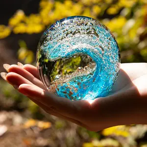 Hand Blown Glass Paperweight, Ocean Wave Design, Blue & Sand Art, Perfect for Cozy Home Décor, Ideal Gift for Dad, Decorative Sculptures, Art Figurine
