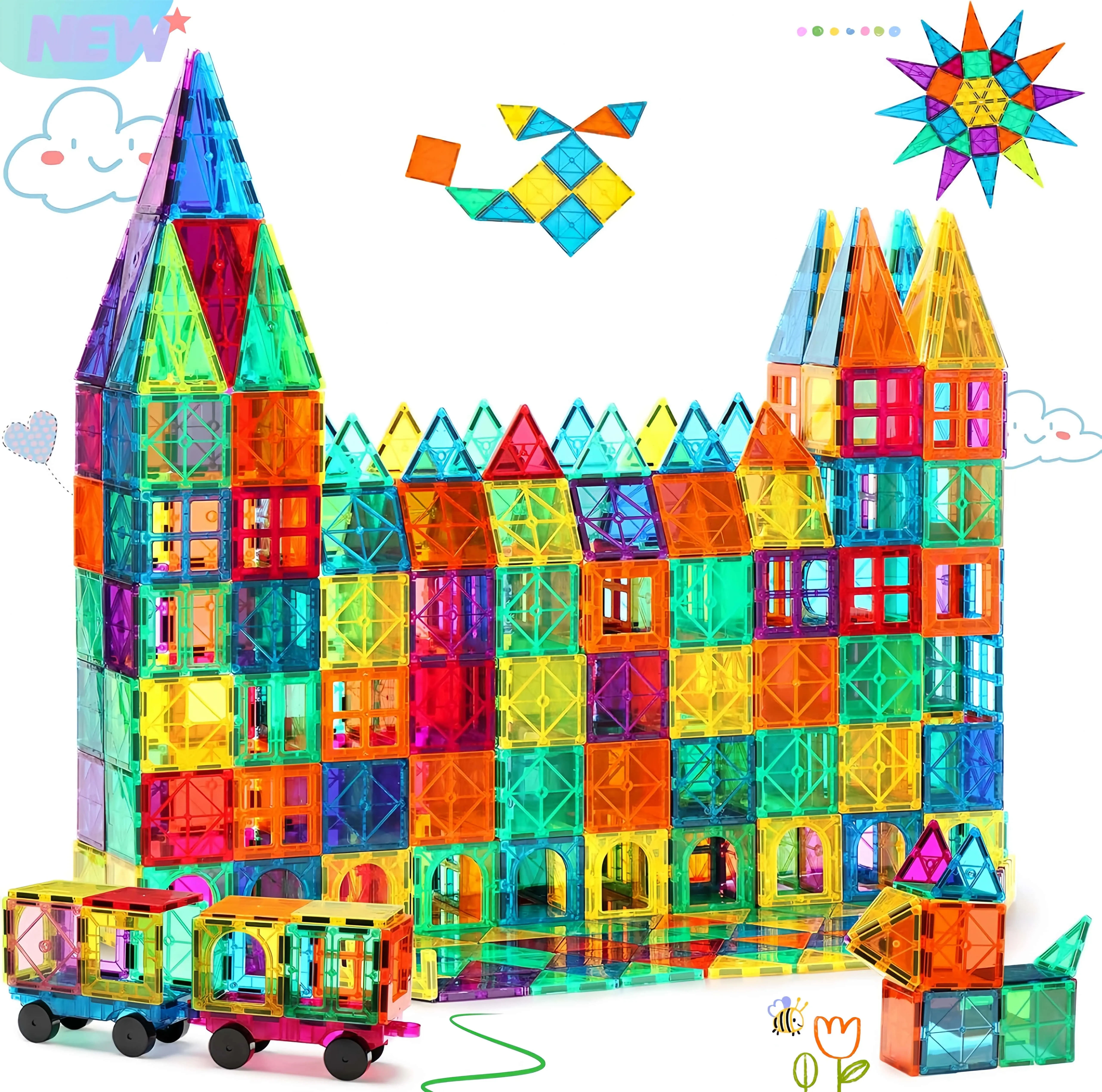 [#SummerBrainGame] 60/100 pieces clear magnetic building tiles, fun 3D construction blocks perfect for kids summer indoor play. It inspires kids imagination and hands-on ability, ideal recreational educational toy to avoid screen time in vacation days.