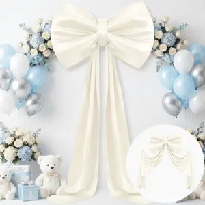 Large Cream Bow for  Wall Decor, 22'' x 70'' Giant Bow for Birthday Party Wall Decor, Big Bows with Long Ribbon,  Theme Wedding Bride Backdrop Decors (Satin, Internal Stability Layer)