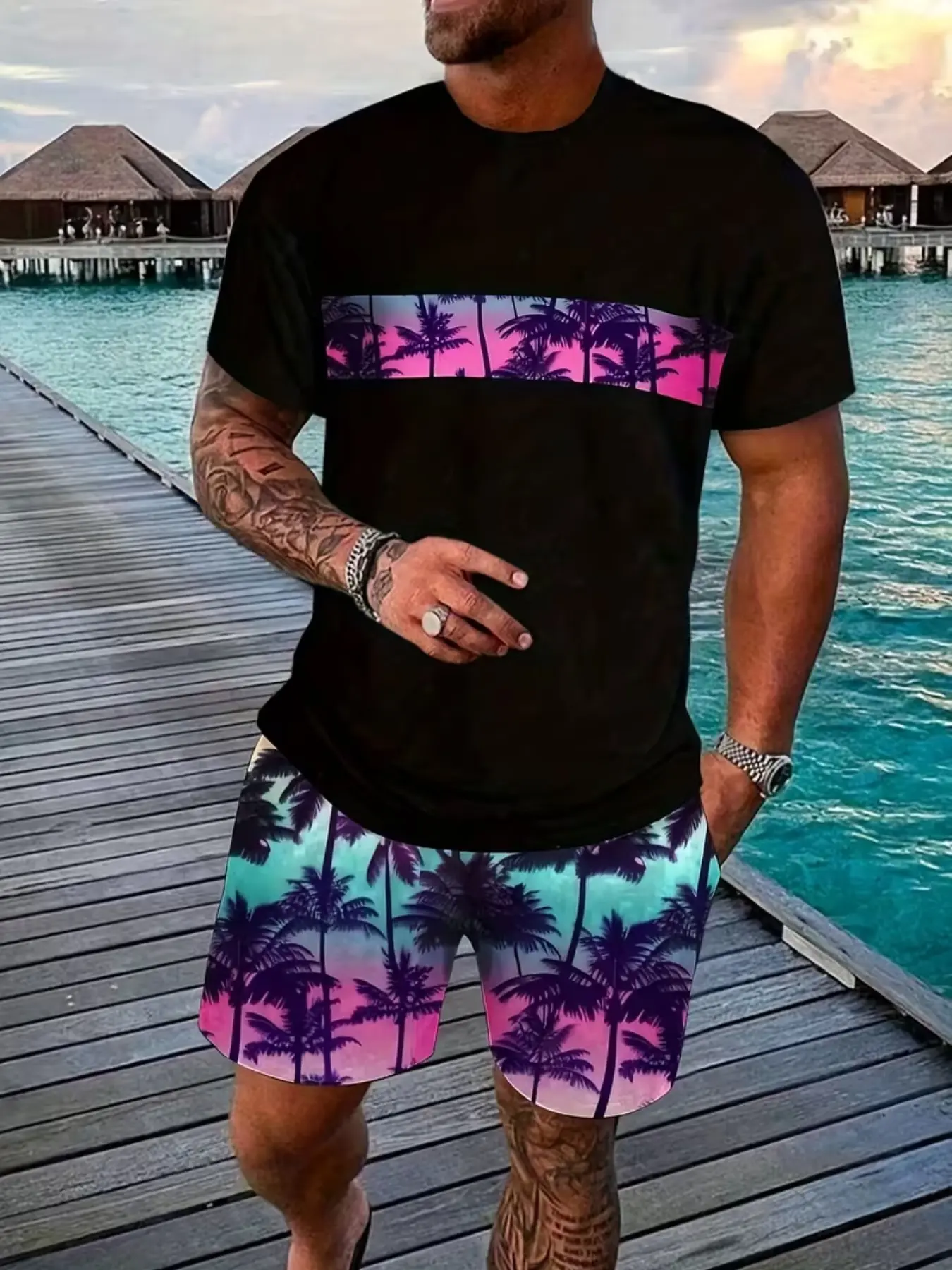 Men's Short-Sleeve Round-Neck Coconut Tree Tropical Print Knit Tee & Shorts Set, Beach Set Print, Summer Classic Casual Vacation Outdoor Outfit, Menswear