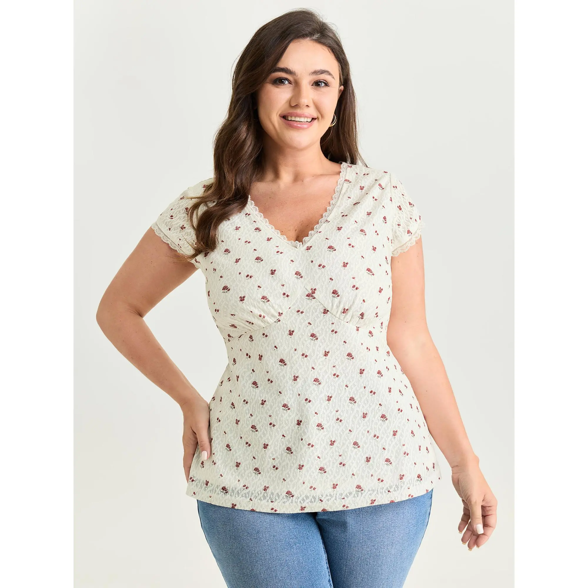 BloomChic Women's Plus Size Romantic Look Casual Blouse - Original White V-Neck Short Sleeve Cropped Fitted Spandex Knit Top with Patchwork Trim, Premium Polyester-Elastane Fabric,Back To School,Fall Pick, Spotlight Day