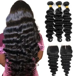 Loose Deep Wave Hair 3 Bundles with Closure Brazilian Human Hair Bundles with 4x4 Lace Closure No Shedding Tangle Free