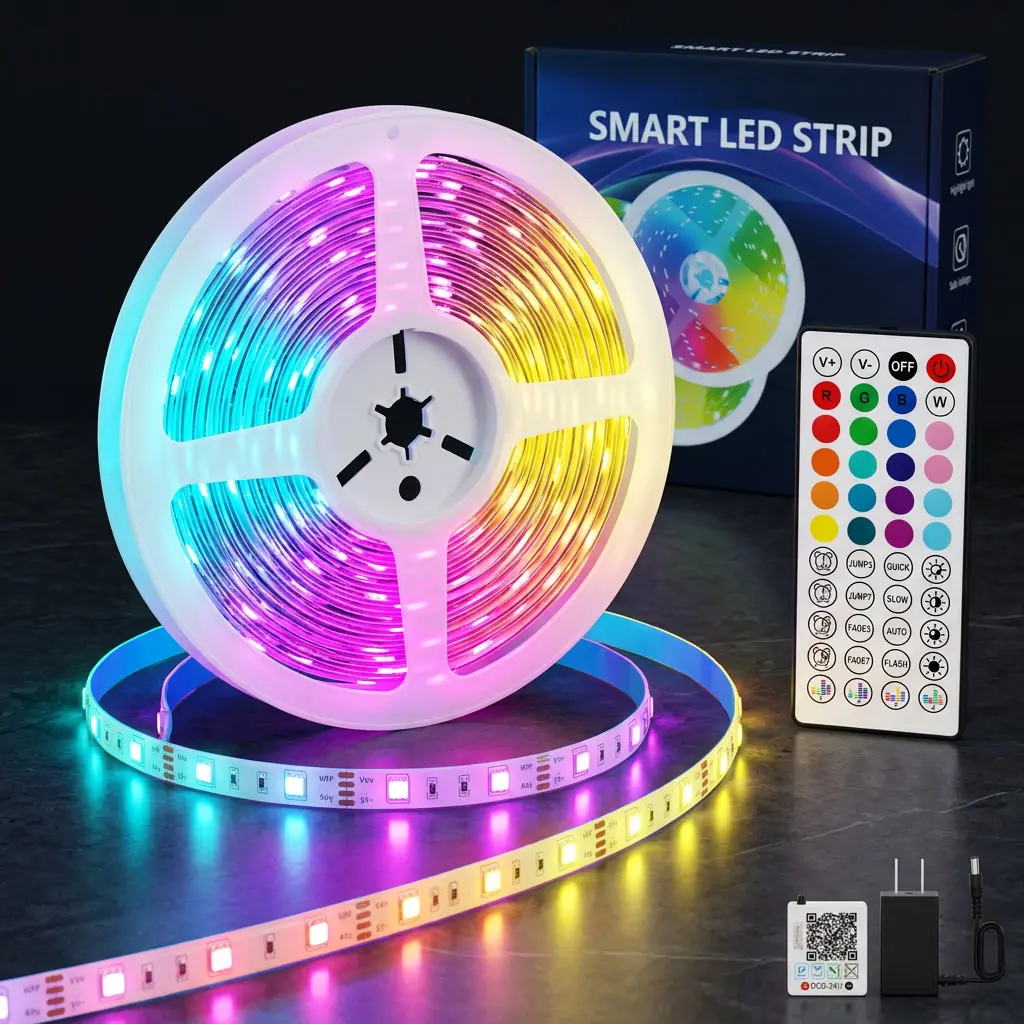 Smart LED Strip Lights Outdoor Indoor with Remote & App Control, Dimmable RGB Music Sync, LED decoration Light Strip, Modes Flexible Lighting for Room Patio Party Decor