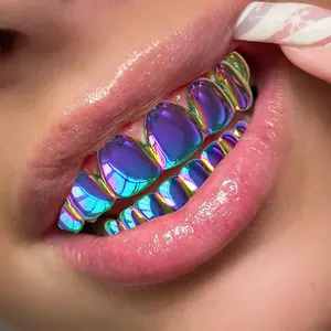 Holographic Rainbow Grillz Teeth Caps, Non-Permanent Cosmetic Tooth Grills for Women and Man,  Reusable Decorative Fake Teeth Caps, Halloween Hip Hop Party Decorative Fake Teeth, Hip Hop Cosplay Party Tooth Accessories