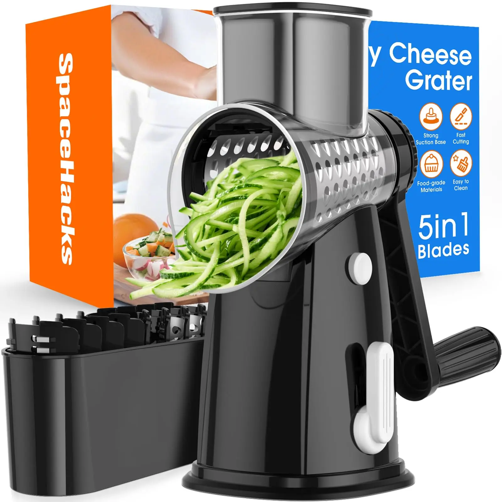 Rotary Cheese Grater with Handle, 5 Well-Designed Stainless Blades, Strong Suction Cup Base, Detachable Plastic Kitchen Utensil for Slicing Dicing Cheese Vegetables Fruits, Summer Mid-Year Deals
