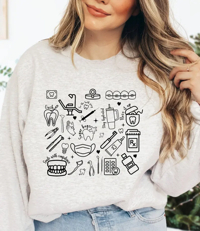 Dental Sweatshirt, Gift for dentist, Dental Hygienist Shirt, Funny Teeth Dental Tool Graphic White Womenswear