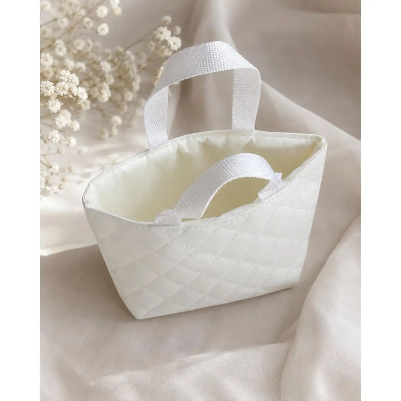 Quilted White Storage Basket with Handles for Organizing and Storage