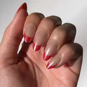 Red Candy Tips Press-On Nails - High-Gloss Red French Tips on Nude Base Square Shape Easy Application Glam Manicure