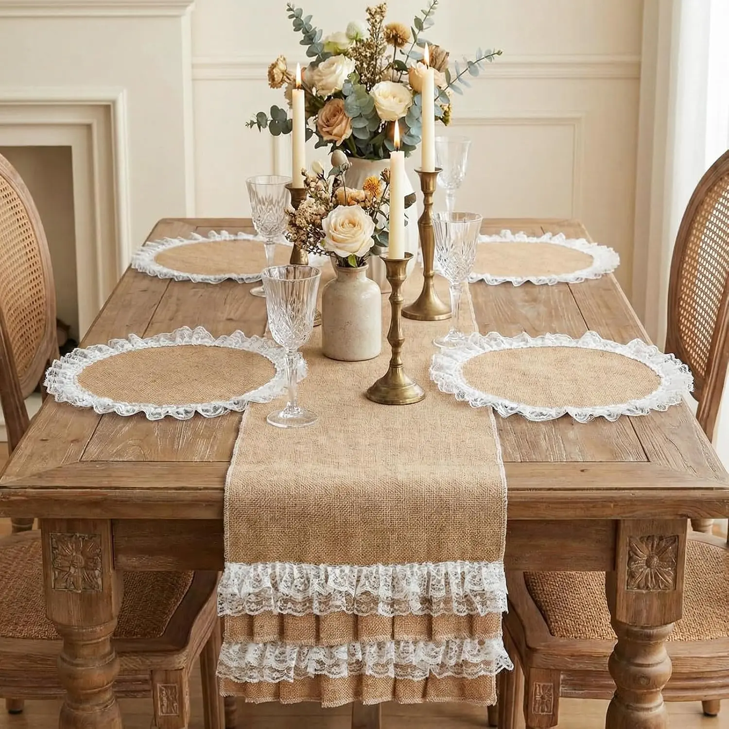 5-Piece Boho Table Runner and Round Placemats Set, Burlap Lace Farmhouse Table Decor, Rustic Dining Table Mat Set for Kitchen, Dining Room, Party & Holiday
