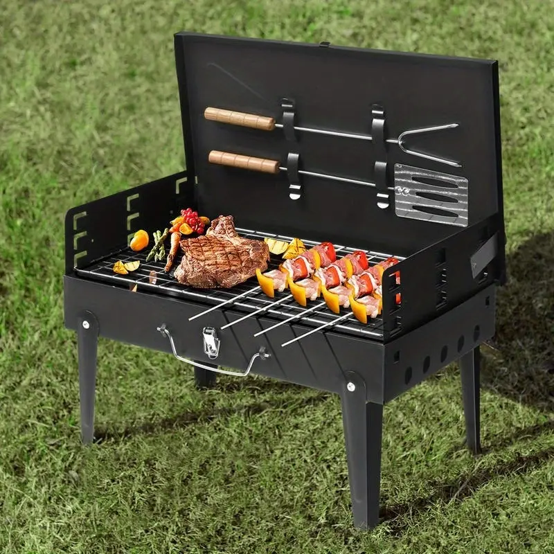 Portable Folding Barbecue Grill, Square Shape Outdoor Cooking Equipment with a Polished Finish, Compatible with Bamboo Charcoal, Portable Bbqs, Cooking Bbq Camping, Stainless Steel, Kickstand, Indoor