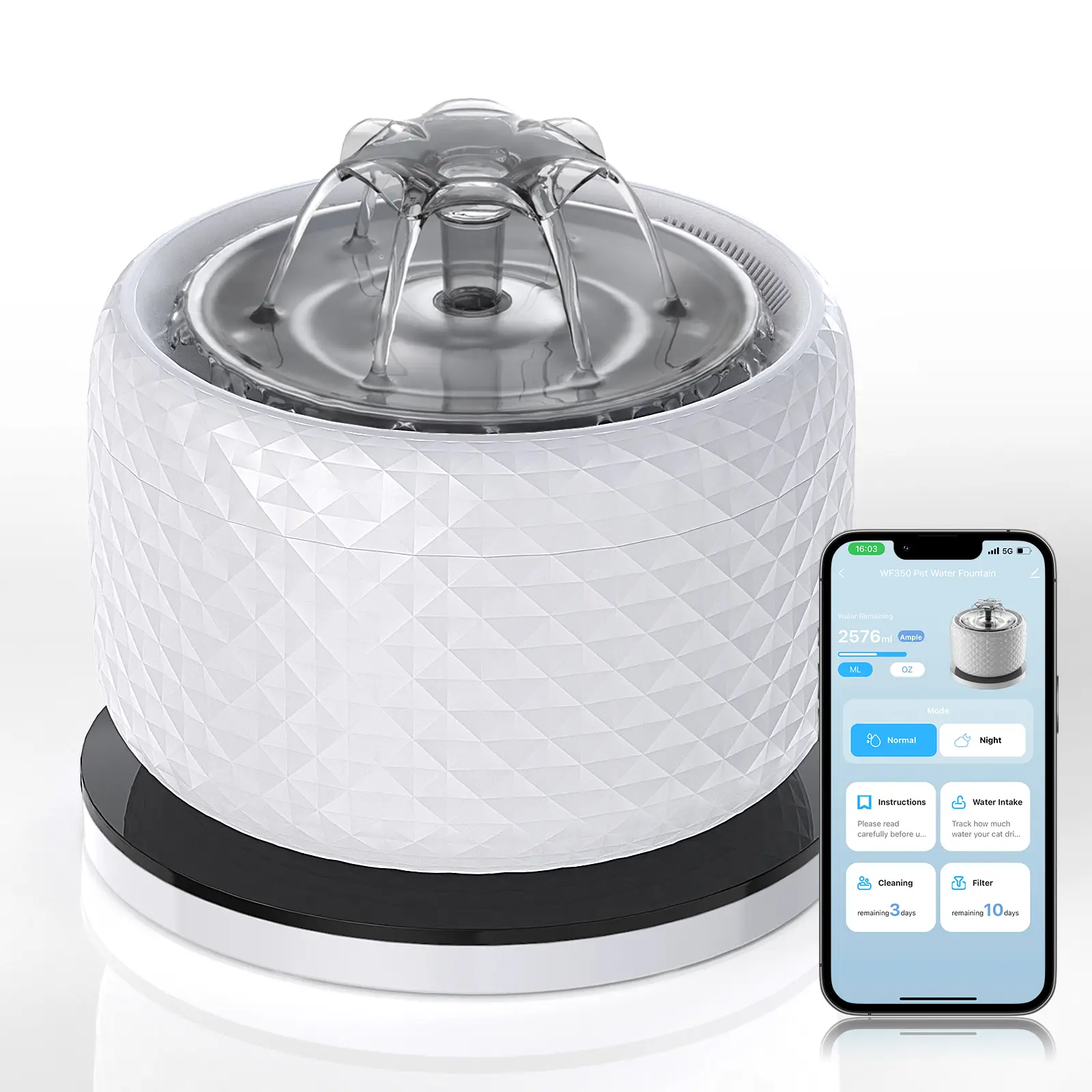 DCIOGAT Cat Water Fountain with App Control, 118oz/3.5L Smart Cat Water Dispenser with Stainless Steel Lid, Wireless Pump, Ultra Quiet Pet Drinking Fo