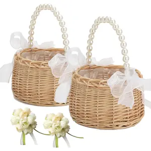 2PCS Handwoven Wicker Rattan Flower Girl Basket with 2PCS Wedding Wrist Corsage, Pearl Handle Bow Basket for Weddings Bridal Anniversary Party Decor