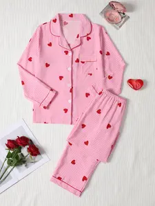 Valentine's Day Women's Sleepwear Set, Bubble Pleated Heart Print Pajamas, Button Front Long Sleeve Top & Elastic Waist Pants, Casual Home Wear Pjs