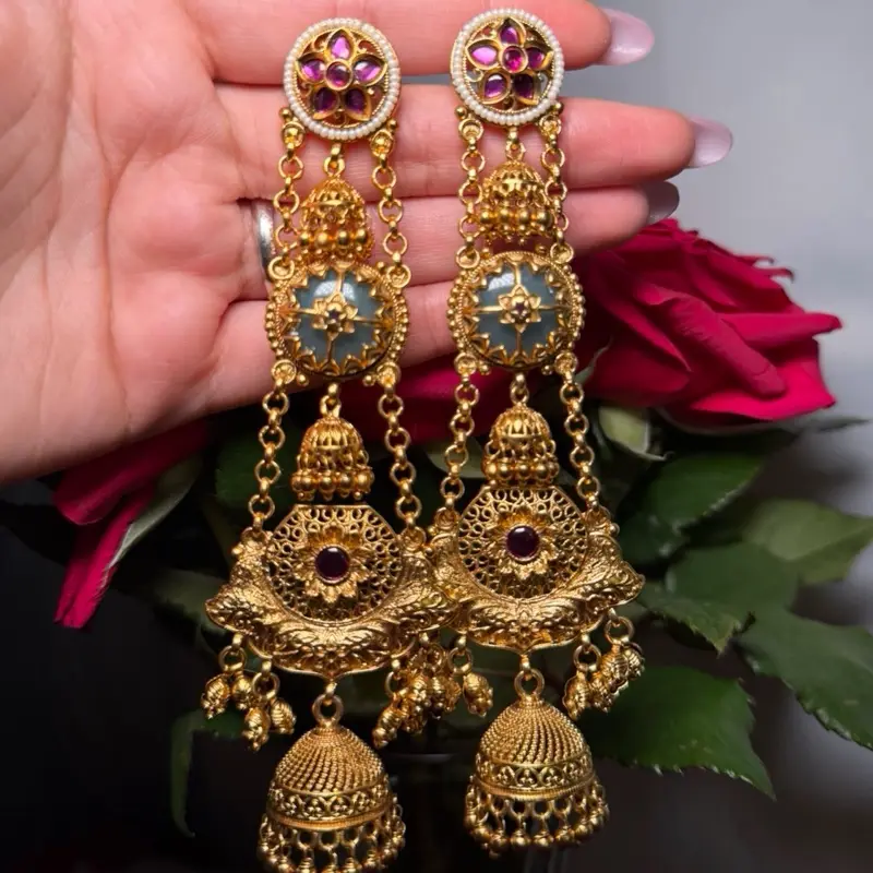 Elegant Gold Color Kashmiri Jhumka Earrings with Pink & Blue Stones for Women's Traditional Jewelry