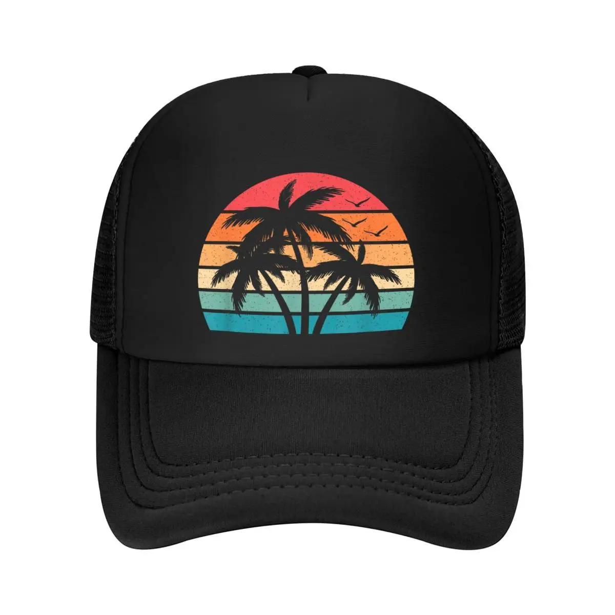 Tropical Hawaiian Retro Palm Tree Sunset Baseball Cap - Unisex Adults Mesh Fabric Cap, Breathable, 1-Size, Easy Care, Durable, Active Lifestyle & Athletic Performance Sports & Outdoor Hats for Daily Casual Use, Baseball Caps, Graphic