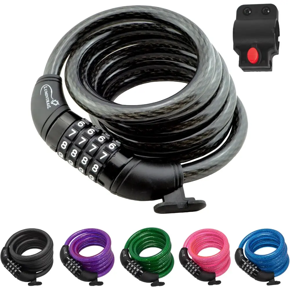 Sturdy Heavy Duty Keyless Combination Lock Cable - 6-foot Long 0.5-in Steel Cable, Upgraded Mounting Bracket, Lock Holder (1 Pack, Black) for Bikes, Sports Equipment, Grills, Doors