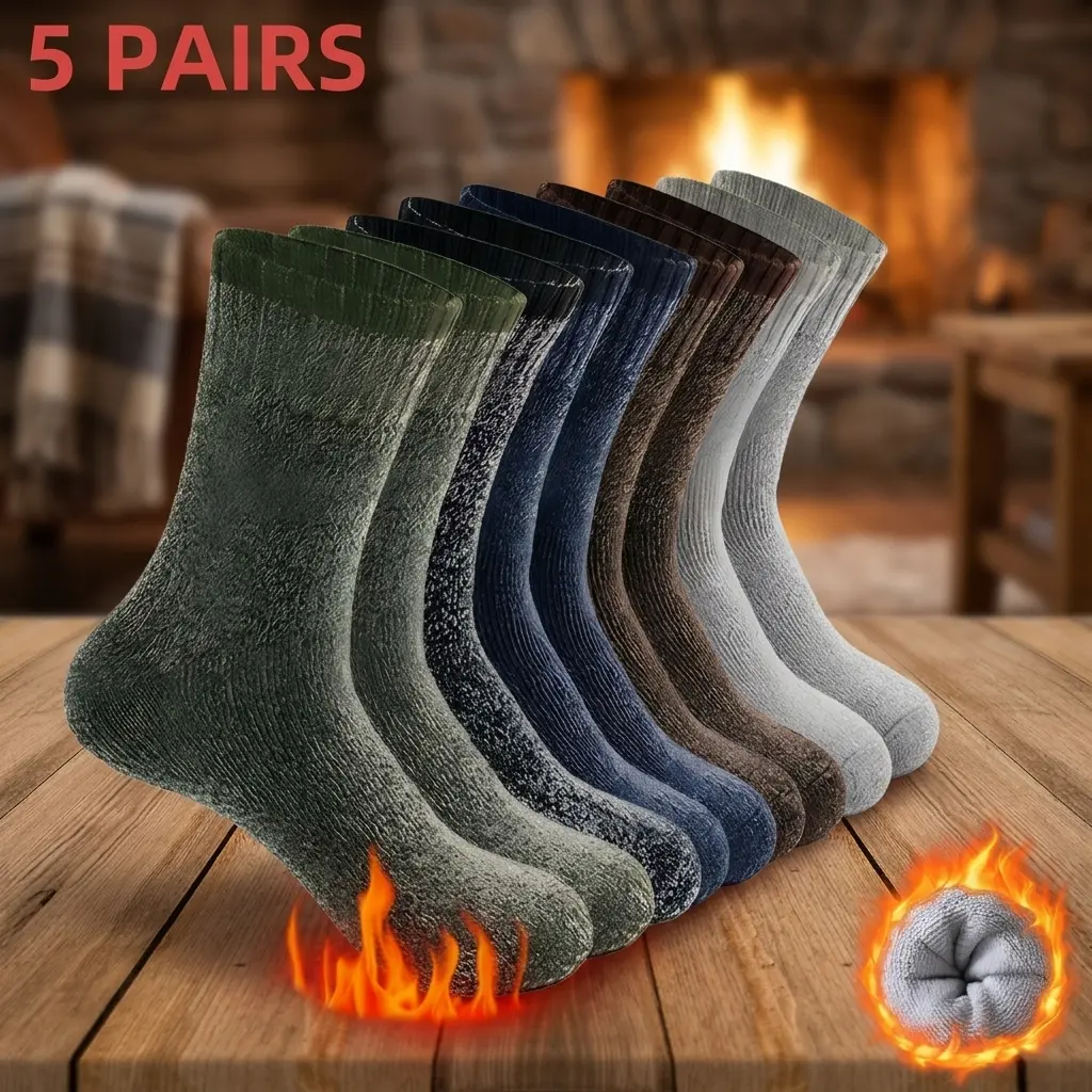 Men's Winter Socks 5 Pair Pack Soft Comfortable Knitted Crew Socks Warm Polyester Elastic Blend Round Socks For Cold Weather And Everyday Comfort