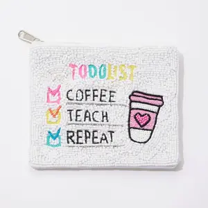 "Coffee, Teach, Repeat" Beaded Coin Pouch