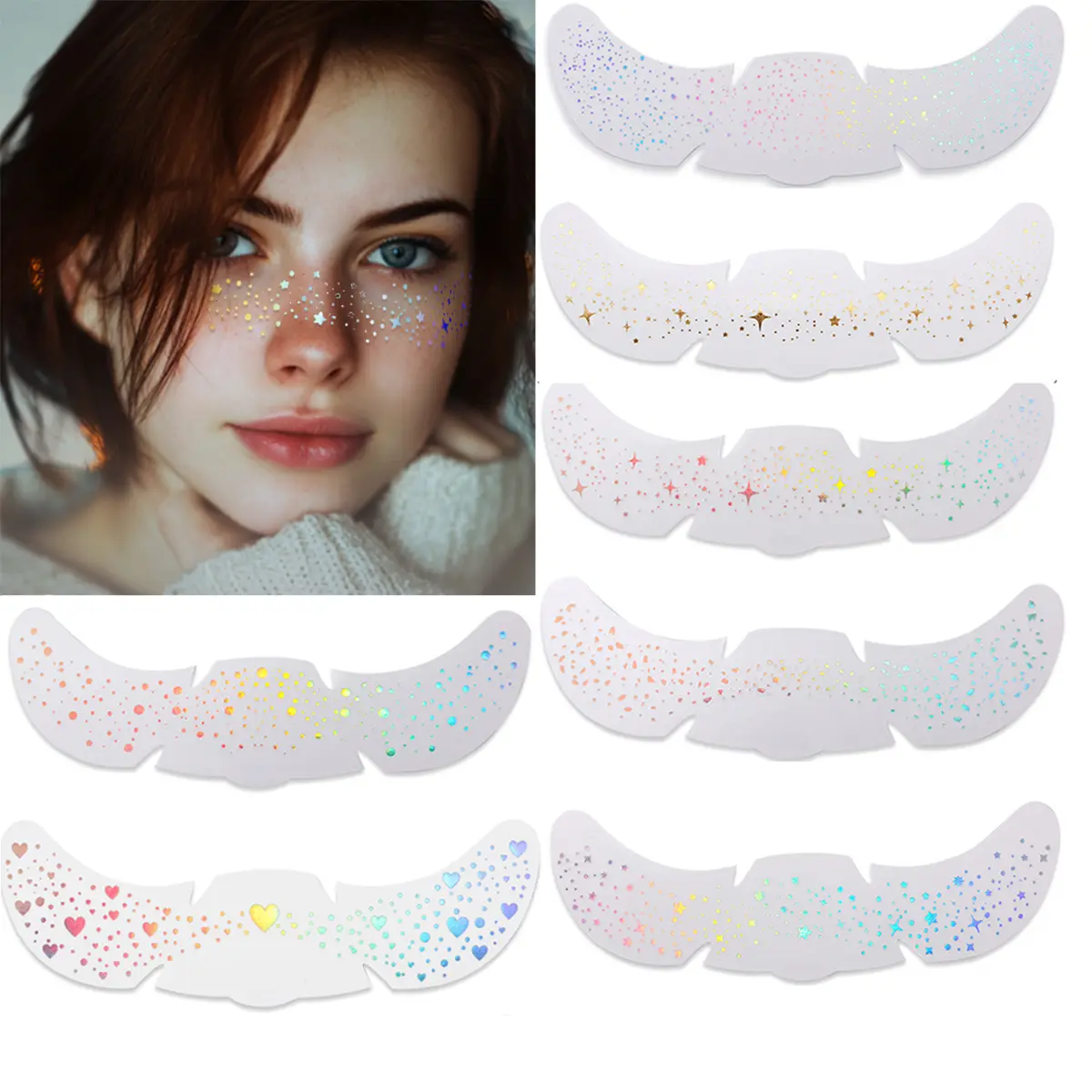 A set of 8 colorful and sparkling temporary tattoo stickers for the eyes, Y2K rainbow shimmering cheeks and makeup, suitable for night parties, dates, and birthday parties