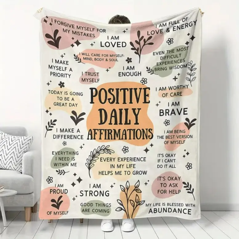 Breathable Flannel Blanket - 100% Polyester Knit, Cozy, Lightweight, Warm, Multifunctional, Easy-Care, Inspiring Daily Affirmations Decorative Giftable Blanket for Women’s Mental Health (Christmas, Birthday), Decorative Giftable Blankets