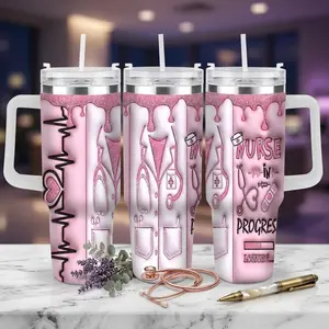Nurse In Progress Pink Glitter Heartbeat Automotive Cup (40oz/30oz/20oz) Medical Stethoscope Print Double Wall Insulated Stainless Steel Spill Proof Durable Travel Tumbler Perfect For Hospital Clinic Office Nurse Gift Daily Commute Holiday Use