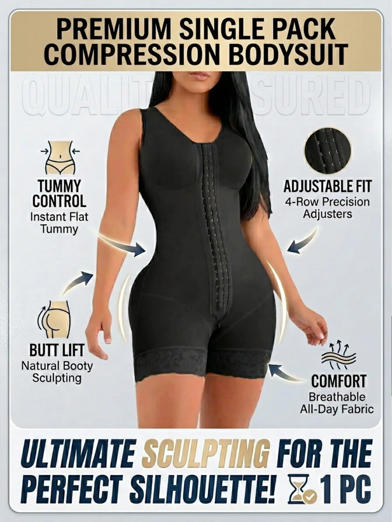 Women's Premium Compression Bodysuit Shapewear - Full Body Tummy Control Fajas, Adjustable 4-Row Hooks Waist Trainer & Butt Lifter Shaper with Lace Trim (1 PC, Black)