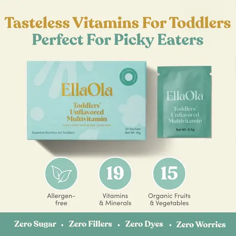 EllaOla Essential Tasteless Multivitamin for Toddlers (Up to Age 3)  - 30-Day Supply - Supports Total Health & Cognitive Development - 19 Vitamins & Minerals - 15 Organic Fruits & Veggies - Allergen-Free - Gluten-Free - Pediatrician-Developed