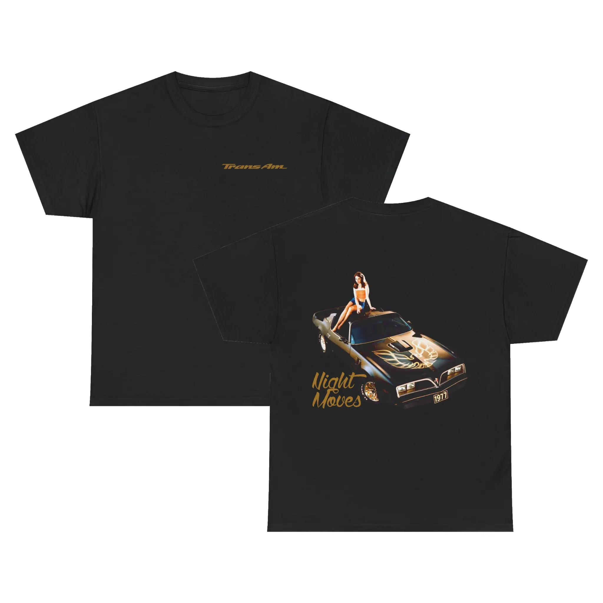 Trans Am Night Moves 2 Sided T-Shirt, Vintage 1977 Pontiac Firebird Tee, Retro Muscle Car Clothing For Fan, Top Menswear