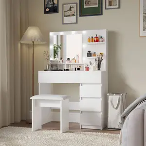 Makeup Vanity Desk Set with Mirror & Light, Dressing Table Storage Lots with Power Strip, 3 Lighting Modes with Adjustable Brightness, 37 Inches (White with Stool)