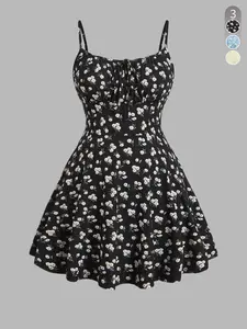 Women's Floral, Ditsy Print Knitted Fitted Bodycon Spaghetti Strap Skater Dress, featuring a floral pattern, perfect for vacations, dates, beach outings, this dress exudes a bohemian vibe ideal for summer getaway, Casual wear