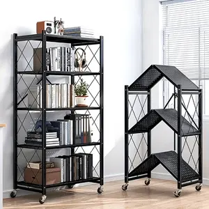3/4/5-Tier Unassembled Metal Storage Rack with Wheels - Foldable & Portable Multi-Tier Shelves, Classic Design for Home, Office, Garage Organization - Space-Saving Versatile Storage Solution, Storage Shelves, Utility Racks