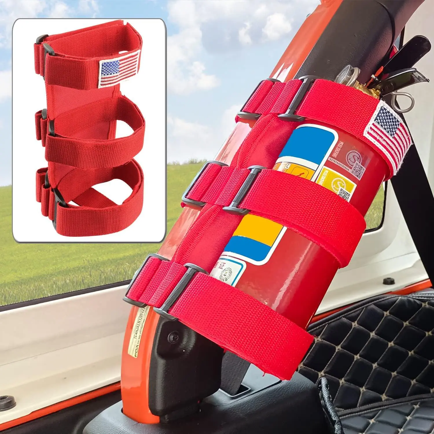 Universal Car Fire Extinguisher Holder Roll Bar Adjustable Strap Brackets Fits 2.5lb-3lb extinguisher with USA Flag Pattern