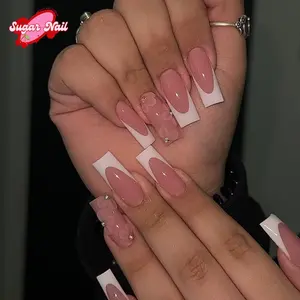 French, Press On Nails with Neutral Pink Base, White French Tips & Floral Accents, Fake Nails Glue, On Nail Extensions