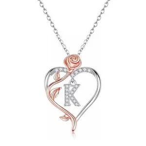 925 Sterling Silver Rose Heart Initial Necklace Jewelry For Women Wife Girlfriend Mom Daughter Anniversary Birthday Gift Elegant Personalized Design