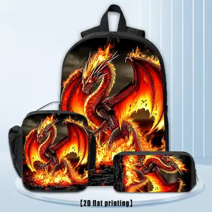 Fiery Dragon, 3pcs backpack, lunch bag pencil case, 17-inch computer backpack, lightweight hiking backpack for shopping, fitness, yoga, hiking, beach, work
