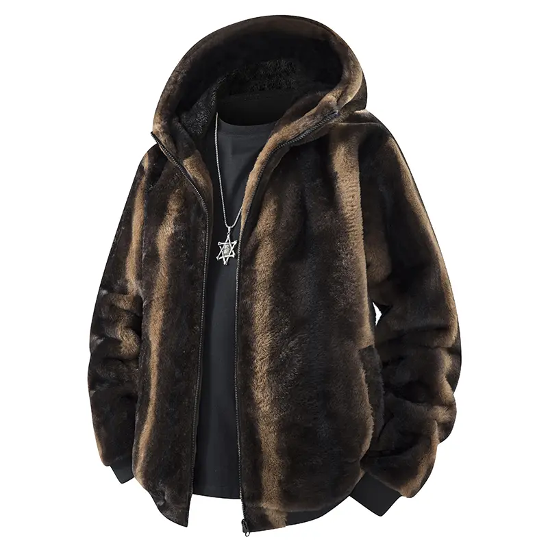 ombre faux fur jacket、fluffy teddy plush coat、hooded zip winter outerwear、thermal warm streetwear、rib cuff fuzzy fur coat、y2k hip hop oversized jacket、windproof cold resistant plush top Menswear Stylish