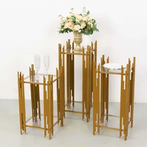 Set of 3 Metal Plinth Stands 26",30",34" Gold Square Acrylic Plates - Wedding Cake Table or Flower Display