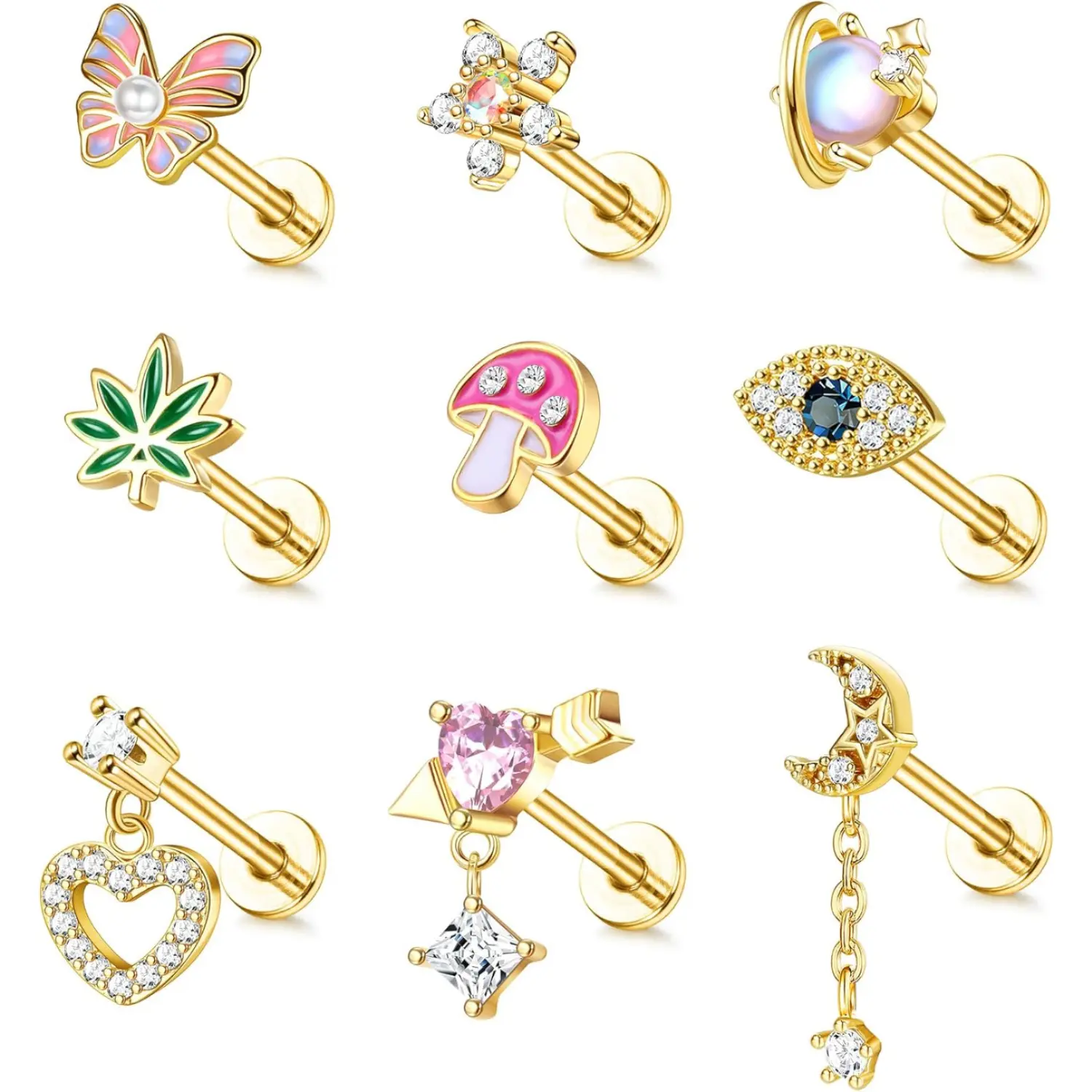 Sanfenly Women's 9-Piece 16G 6mm Non Tarnish Surgical Stainless Steel Flat Back Stud Earrings - Non Tarnish Jewelry, Whimsical Shapes Flower/Butterfly, Easy Cleaning, Affordable Fashion, Earring Stacks, Tragus/Helix Piercing Everyday Jewelry, Bow, Cute