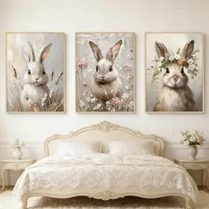 Optional Wooden Frame Boho Rabbit Bunny Vintage Artistic Canvas Painting Rustic Hare Cottagecore Animal Wall Art Picture Easter Farmhouse Decor