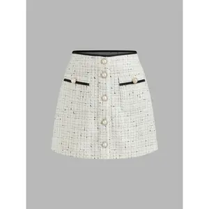 Cider [size 2-10] Tweed Mid Rise Solid Faux Pearl Button Mini Skirt SwimWeek