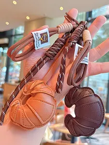 Leather Croissant Keychain Bag Charm, Cute Pastry Pendant, Braided Cord Strap, Neutral Aesthetic Accessory, Coffee Lover Gift for Women & Teens