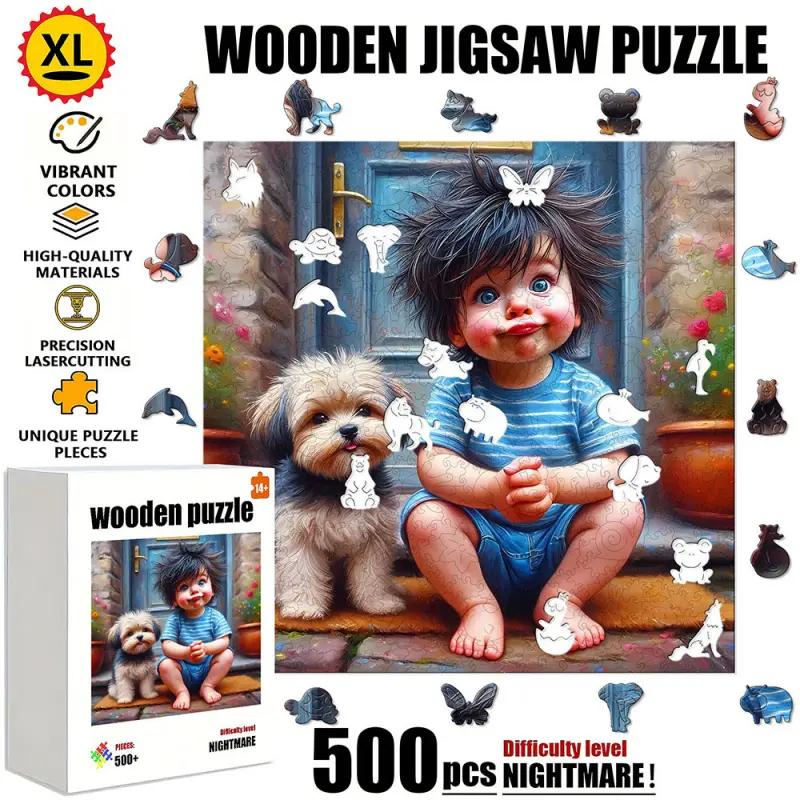 1 Box (500 pcs) Wooden Puzzle with People and Dogs in Front of the Door - New Creative Idea, A New Concept for Adults to Relieve Stress. A Warm and Fun Puzzle for Holiday Relaxation and Brain Challenge. The uniquely irregular-shaped wooden puzzle is durab