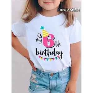100% Cotton Girls' 6th Birthday T-Shirt - Cute Summer Tee With Colorful Letter & Cake Graphics, Round Neck, Perfect For Youngsters' Birthday Party Outfit, White